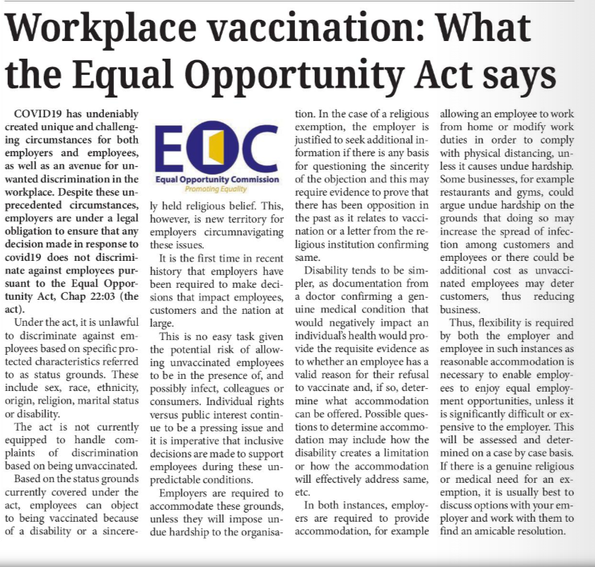 Workplace vaccination: What the Equal Opportunity Act says